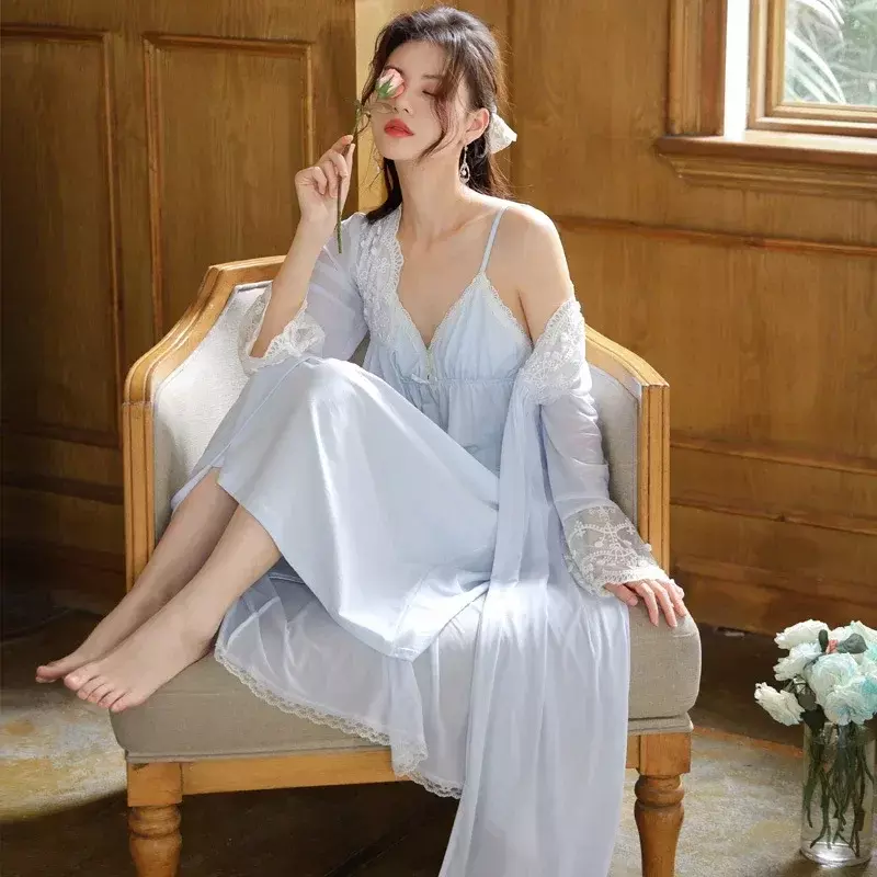 2024New Women's Long-sleeved Nightgown Chest Pad Slip Cotton Court Style Pajamas Net Gauze Morning Gown Sexy Wear Home Dress Set
