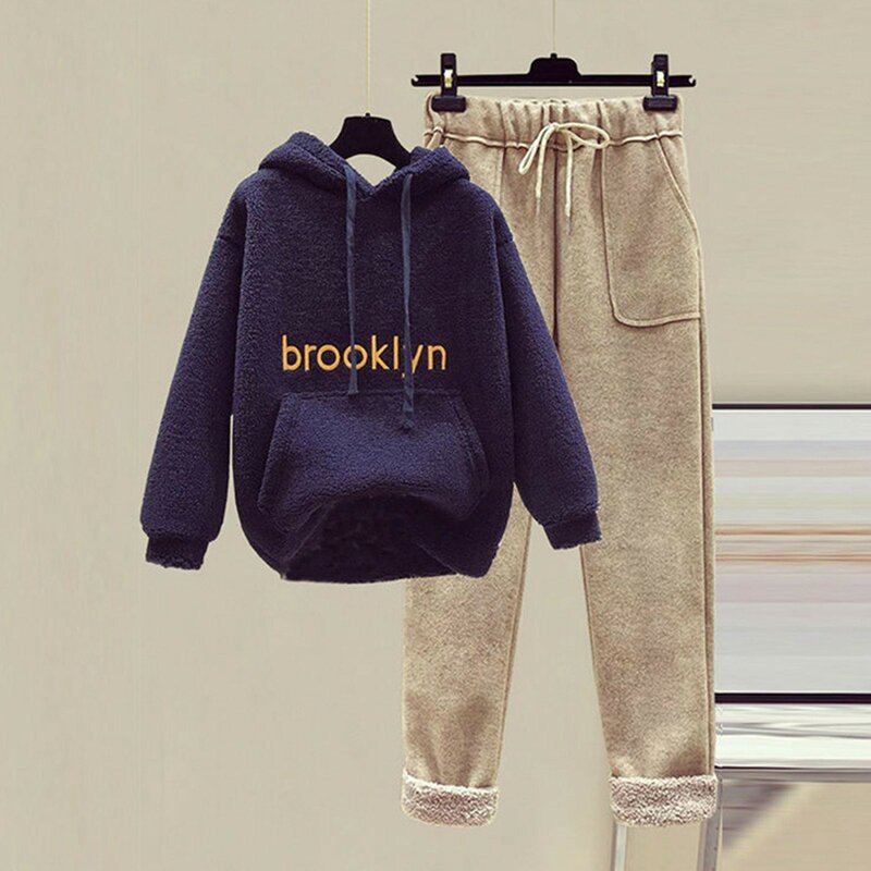 Women'S Thickened Two Piece Set Long Sleeve Sweatshirt And Woolen Embroidered Hoodie Tops Wide Leg Pants Warm Tracksuits