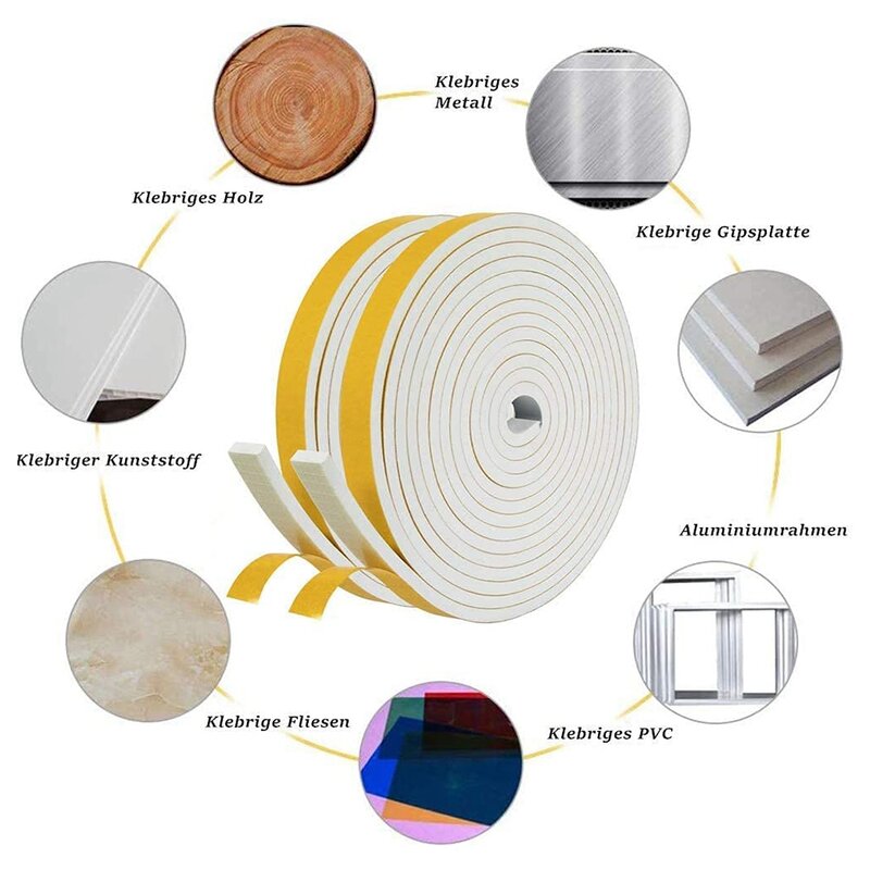 Self Adhesive Foam Tape Door Window Seal Door Draught Excluder Weatherstripping, 6mm Wide x 3mm Thick 3 Pcs Each White