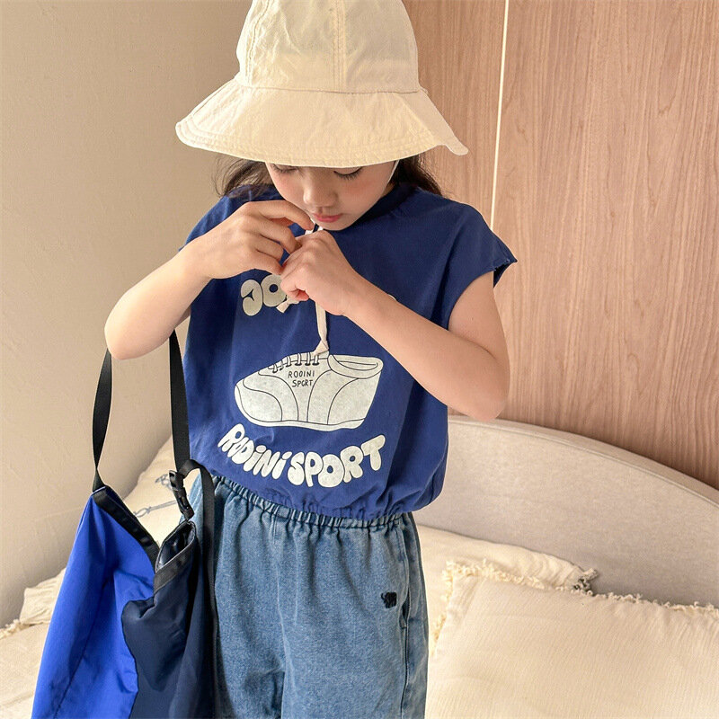 2024 Summer New Children Casual T Shirts Cartoon Print Girls Sleeveless Vest Kids Cotton Tees Toddler Letter Tops Baby Clothes