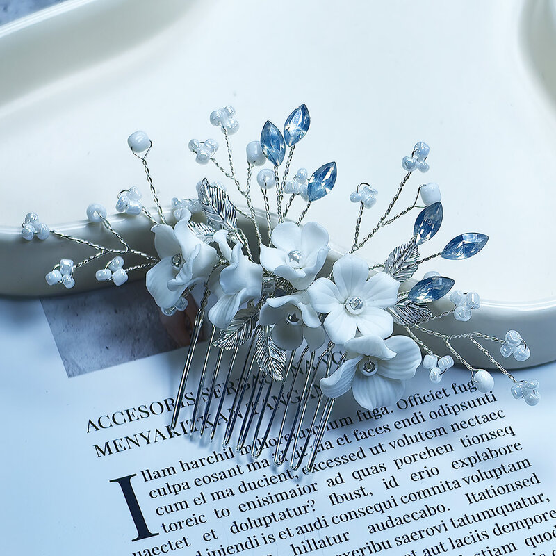 Wedding Flower Hair Comb para Mulheres e Meninas, Opala De Cristal, Pente Lateral De Noiva, Porcelana Headpiece