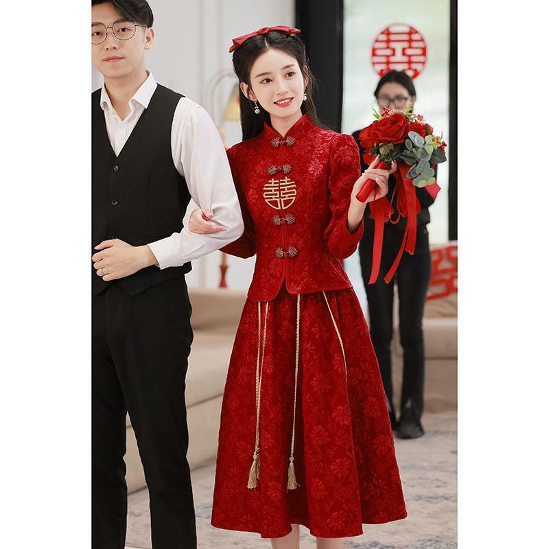 New Chinese' Simple Style Wine-Red  Long-Sleeves Cheongsam For Bride's Wedding In Spring