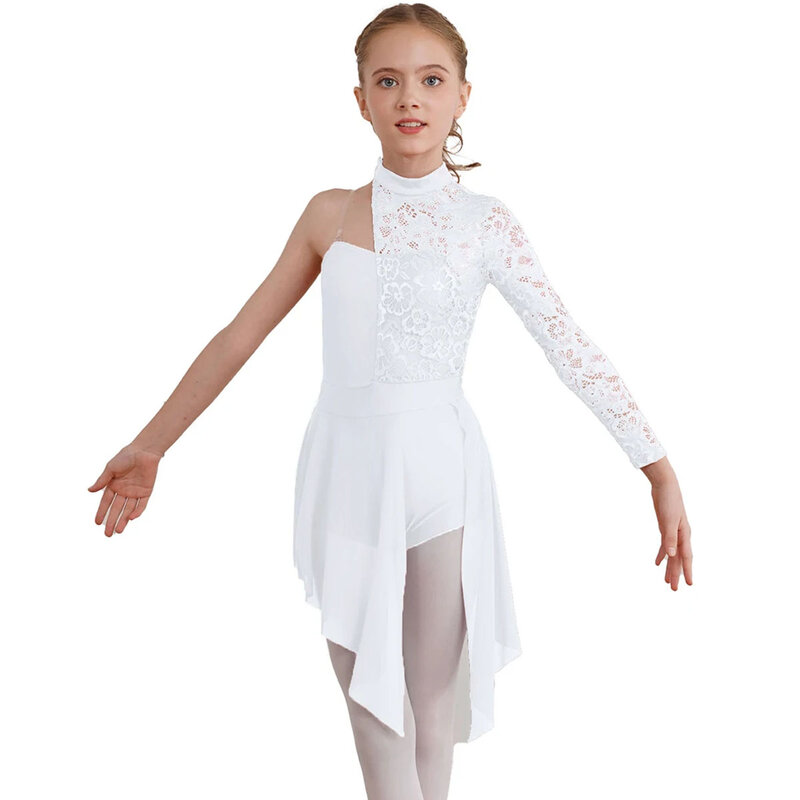 Gaun tari Modern anak perempuan, satu bahu Lyrical renda asimetris terpisah, figur balet senam, pakaian dansa Skating
