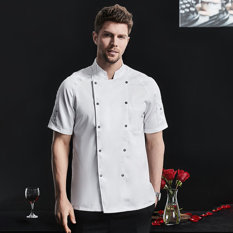 New Uniform Clothes Kitchen Coat Short Sleeve Cafe Shirts Hotel Restaurant Work Wear Chef Clothing Cooking Jacket 4XL