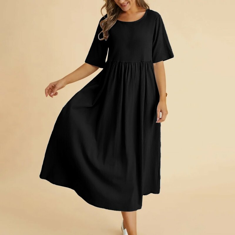 Lockeres Kleid Baumwolle und Leinen Rundhals ausschnitt einfarbig Fünf-Punkt-Ärmel Midi-Kleid großes Maxi kleid Damen Sommerkleider
