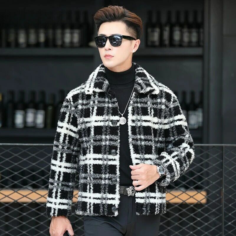 2023 가을 겨울 패션 남성용 짧은 진짜 모피 코트, 남성 격자 무늬 양 전단 재킷, 진짜 모피 따뜻한 오버코트 I499