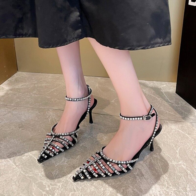 2024 Summer Rhinestone Pointed Toe Hollow Crystal Women Shoes Fashion Women Leather Pumps Wedding Bridal High Heeled Shoes