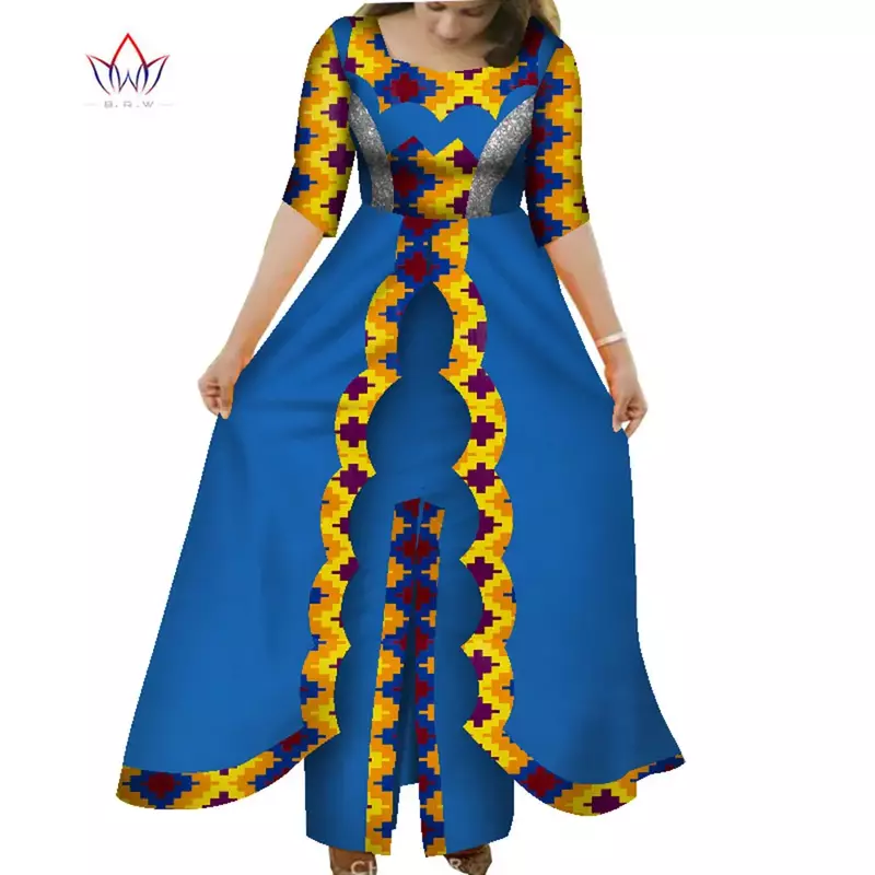 BintaRealWax-vestidos africanos para mulheres, dashiki, o-pescoço, 2 camadas, saia longa, roupas, manga curta, vestido de festa, WY7961