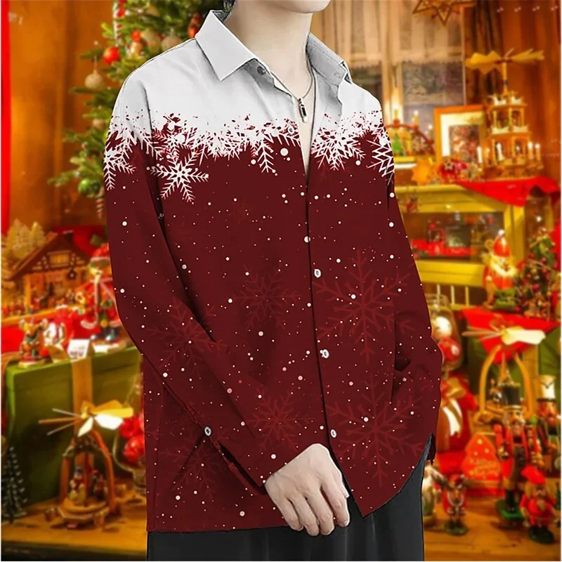 New Men's Shirt Party Style Christmas Snowflake HD Print Shirt Long Sleeve Button Lapel Tops Men's New Year Christmas Shirt 6XL