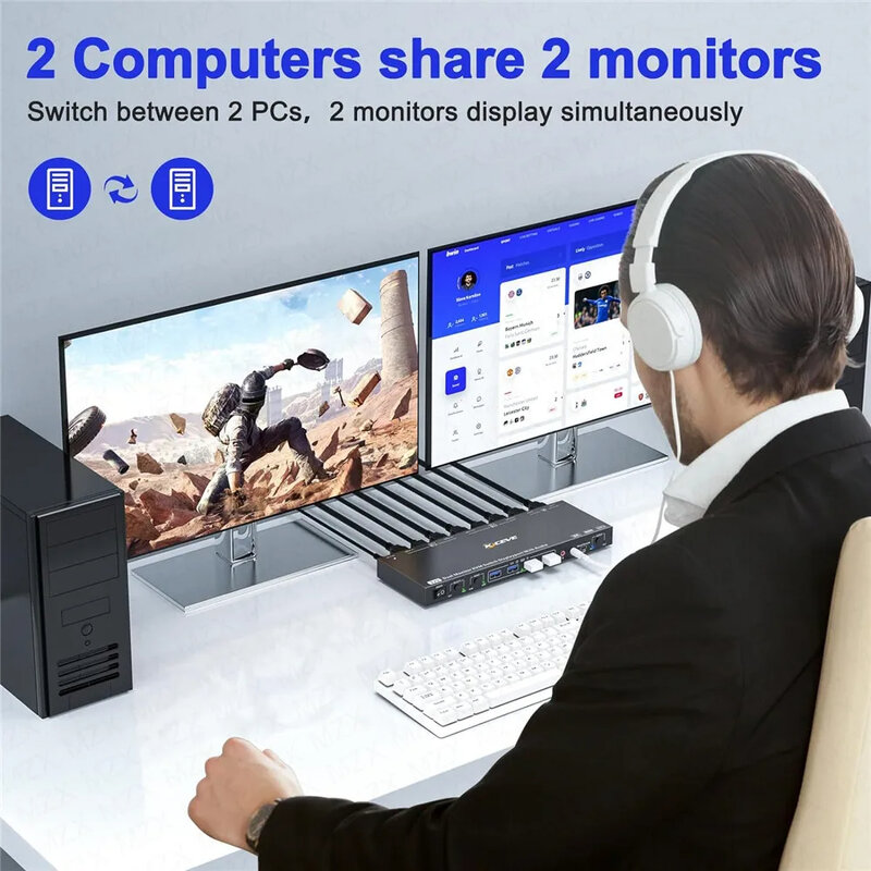 Monitores Docking Station, USB Hub Splitter, KVM Switch, 2 DP 1.4, 8K, Computador, Laptop, PC, Desktops Acessórios, Switcher Selector, Novo
