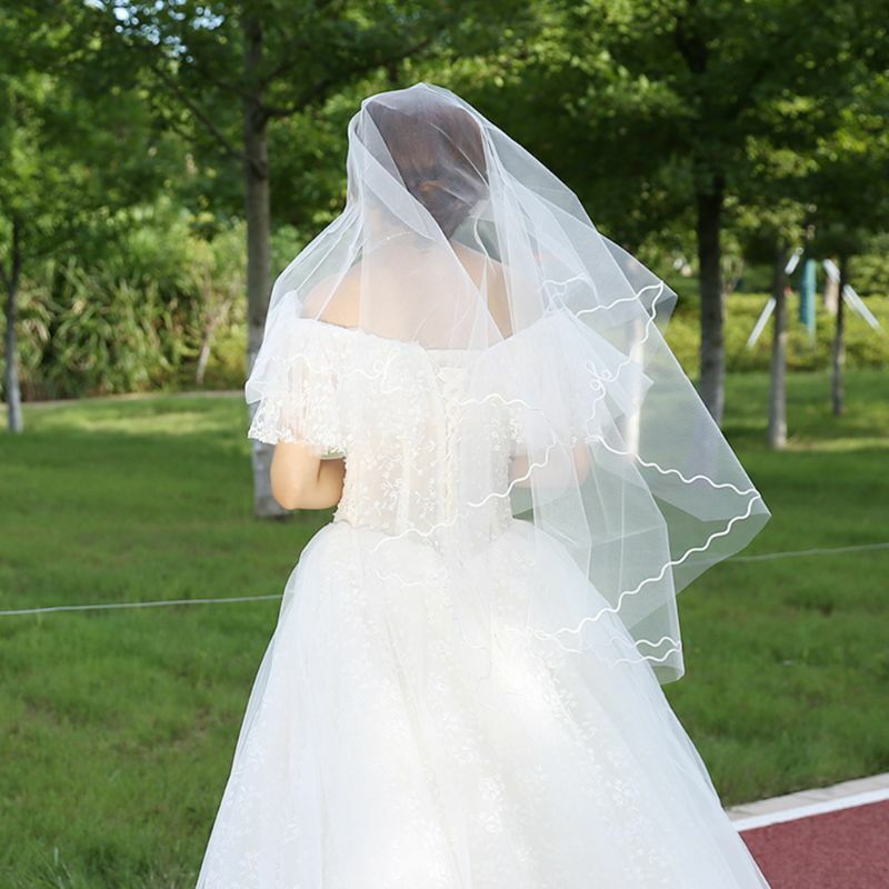 X7YC الحد الأدنى طبقة واحدة المرأة طويلة الأبيض طرحة زفاف للذوبان في الماء شبكة غزل مموج الشريط تقليم كاتدرائية الحجاب الزفاف دون