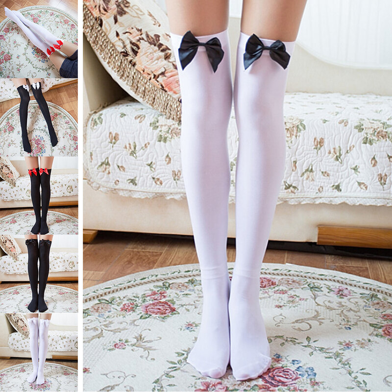 HOT! Fashion Girls Student Socks Stretch Lace Bow Thigh High Socks Sexy Stockings Women Over Knee Womens Female Long Knee Sock