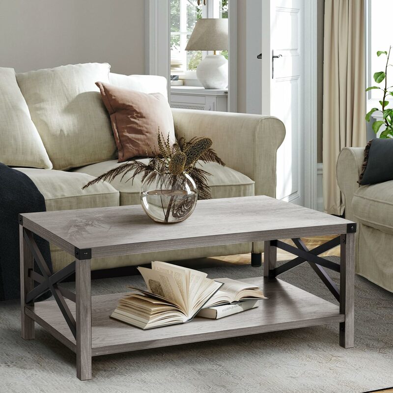 Rustikaler Couch tisch mit Ablage fach, rechteckiger Vintage-Holzstil mit stabilem Metallrahmen, Bauernhaus-Industrie tisch