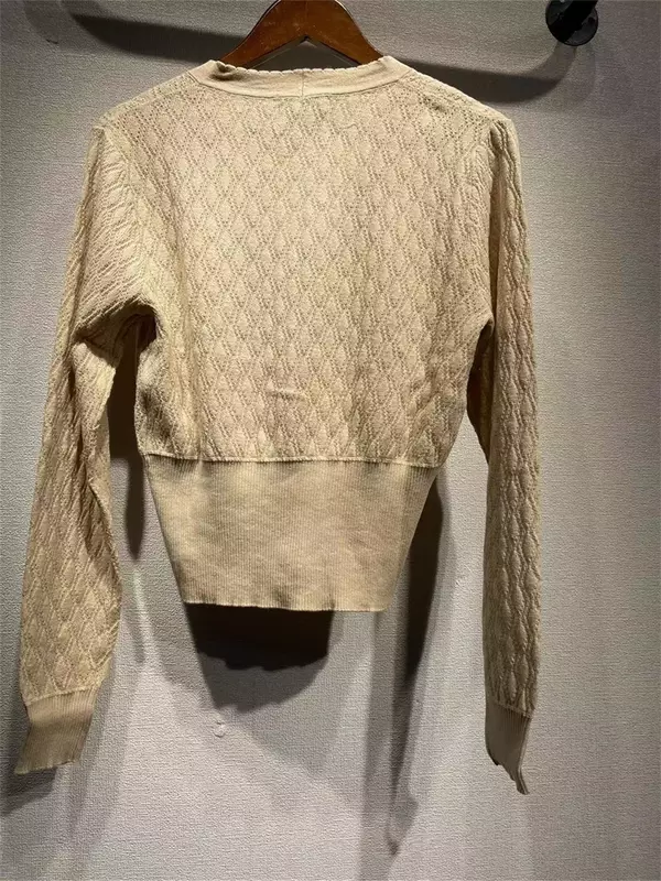 Cardigã de malha de peito único feminino, suéter de manga comprida, decote em v, fino, oco, outono, moda