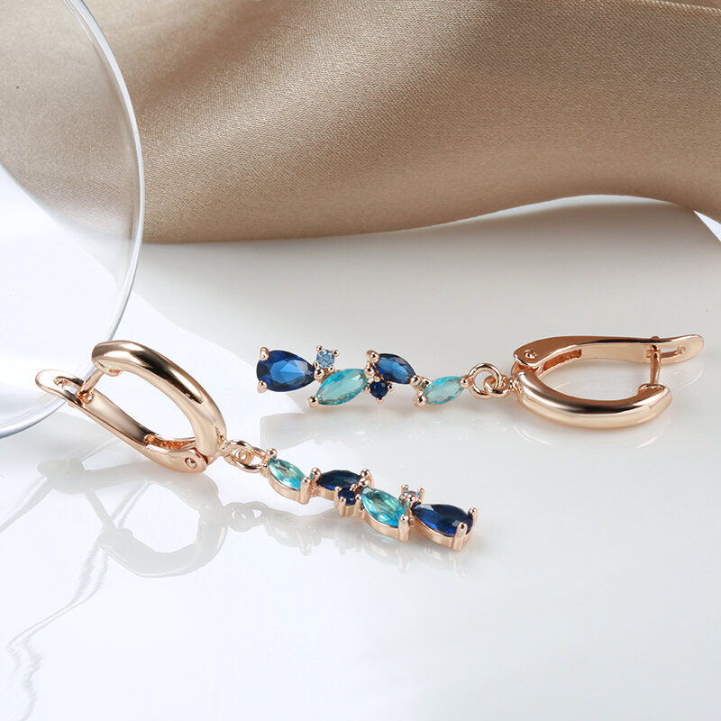 SYOUJYO New 585 Rose Golden Earrings For Women Luxury Blue Natural Zircon Leaf Long Dangle Earrings Wedding Jewelry