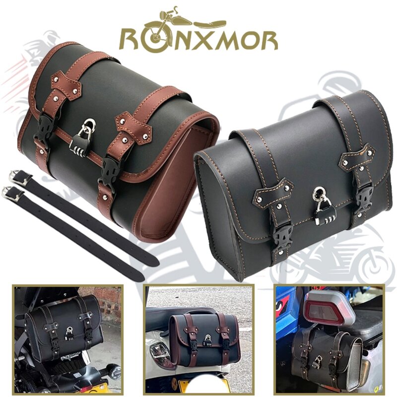 Universal Motorcycle Saddlebag with Lock Side PU Leather Luggage Storage Forks Tool Bags for Harley Sportster XL883 XL1200