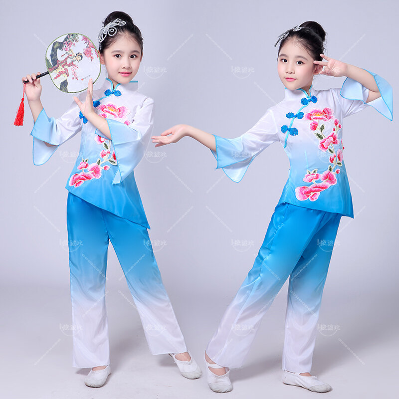 Girls Children's Classical Dance High Quality Embroidery Elegant Costumes Fan Dance Costume Jiangnan Umbrella Hanfu Dance Wear