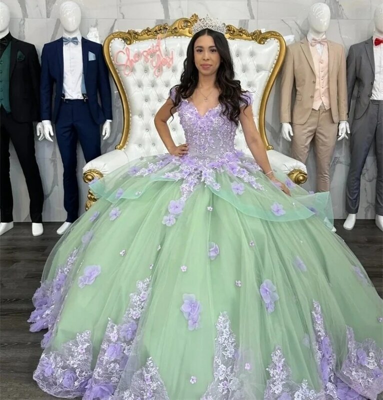 Vestidos Princesa Quinceanera, Apliques de tule, vestido de baile, Floral, Decote V, 16 vestidos, 15 anos, Mexicano