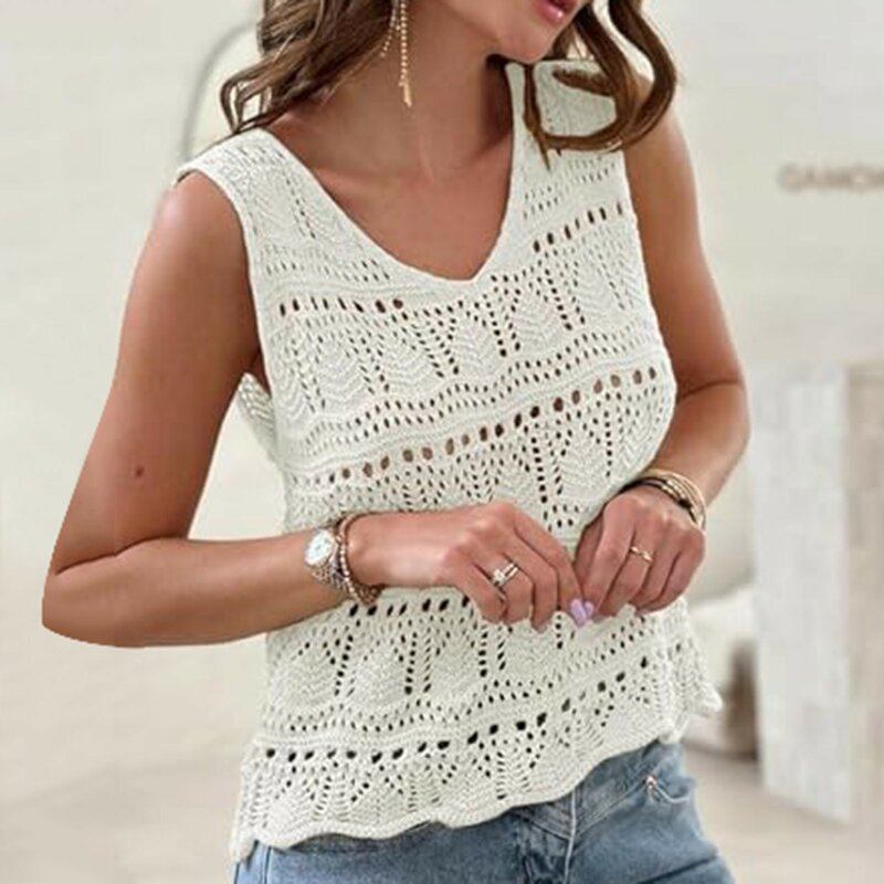 2024 Summer Casual Tank Crop Tops For Women V-Neck Sleeveless Solid Color Blouse Top Ladies Hollow Out Beach Tee Shirts Holiday