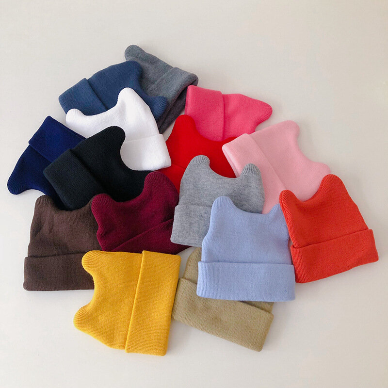 12 Colors Baby Beanie Cap Korean Knitted Baby Hat Cute Ears Woolen Hat for Boys Girls Baby Candy Color Kids Accessories