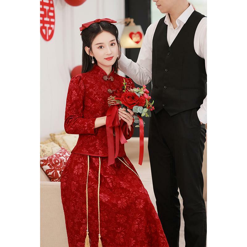 Новый китайский Ципао в простом стиле винно-красного цвета с длинными рукавами для свадьбы невесты весной