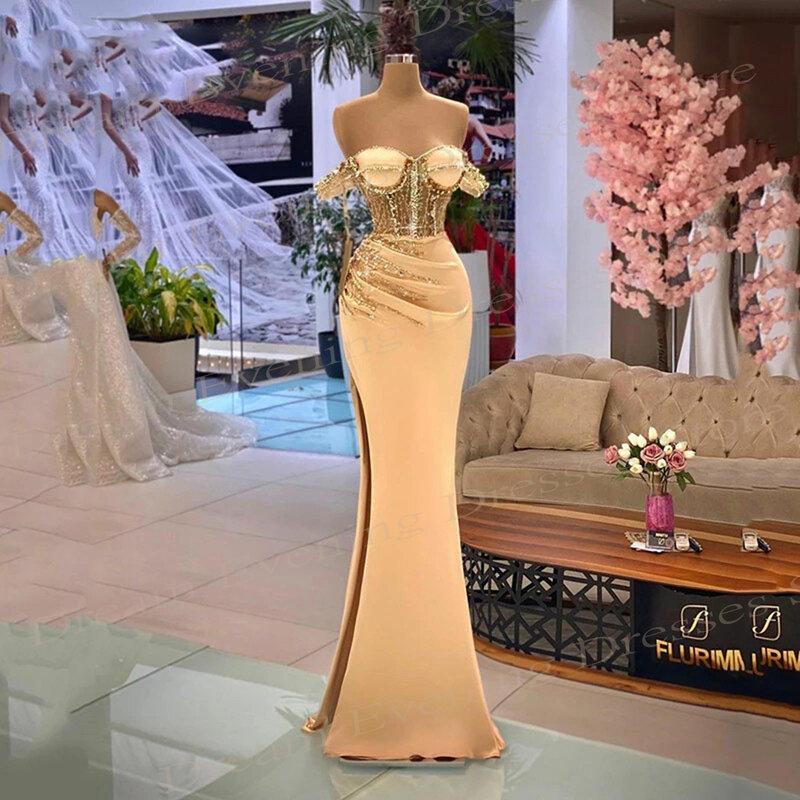 Arab Luxury Mermaid Classic Evening Dresses With Sparkling Beautiful Beading Satin Prom Gowns Side High Split Robes De Soirée