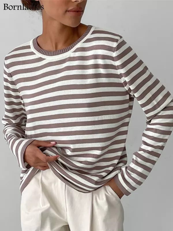 Bornladies Knitted Stripe Sweater Women 2023 Autumn Winter Loose Casual Thick Pullovers Female Warm Long-sleeved Round Neck Tops