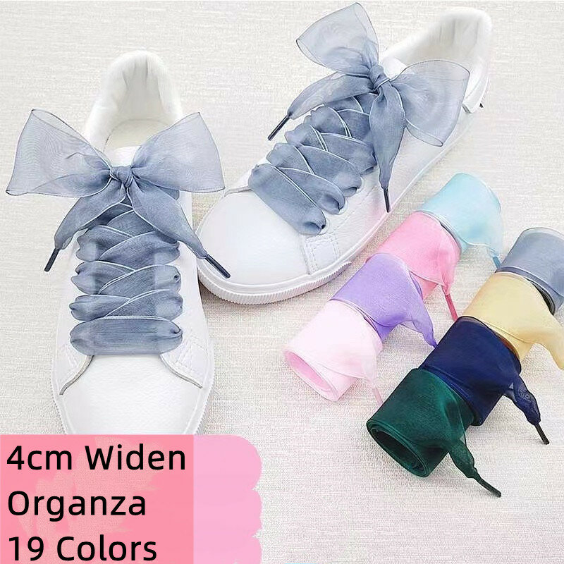 1 Pair 4cm Widened Flat Silk Satin Ribbon Shoestrings Organza Chiffon Yarn Big Bow Wide Laces For Casual Canvas White Shoelaces