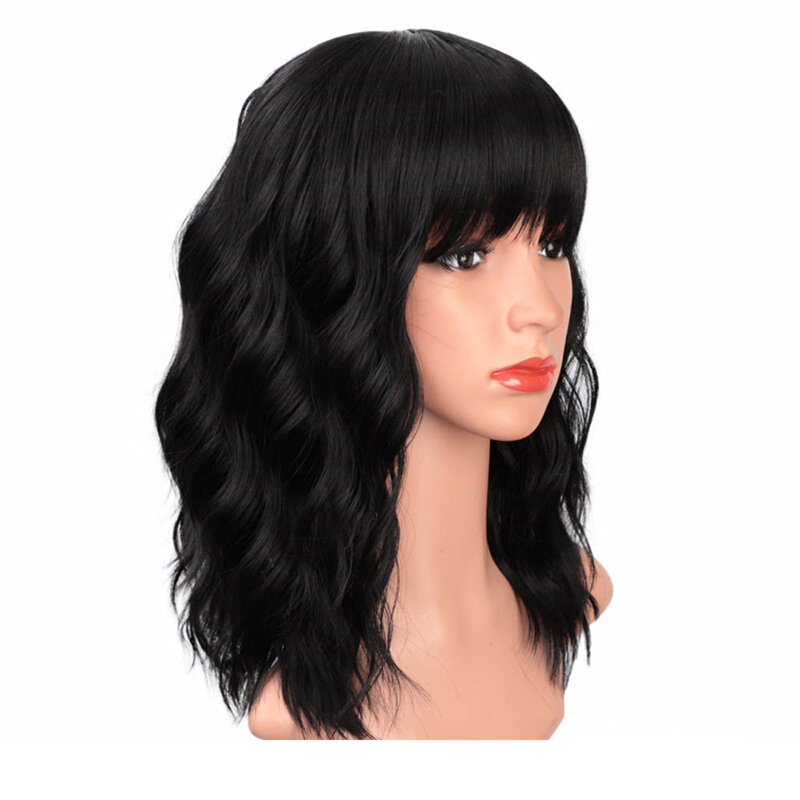 Asia Fashion Water Wave Synthetic Short Curly Wig For Women Natural Black Blunt Bangs Wool Roll 14 Inch Heat Resistant Fiber Wig