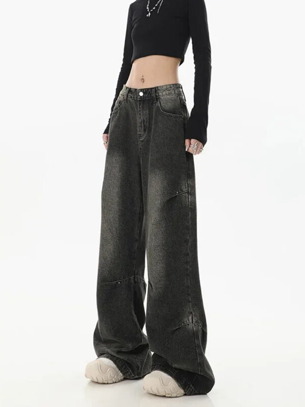 Nuove donne a vita alta Jeans neri stile Hip-hop moda Vintage Streetwear Y2K gamba larga Jean pantaloni femminili pantaloni larghi in Denim