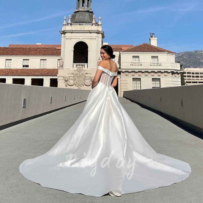 Elegante V-Ausschnitt Brautkleider Frauen weiß offen zurück von der Schulter Satin Braut Ballkleid Sweep Zug Vestidos de Noiva