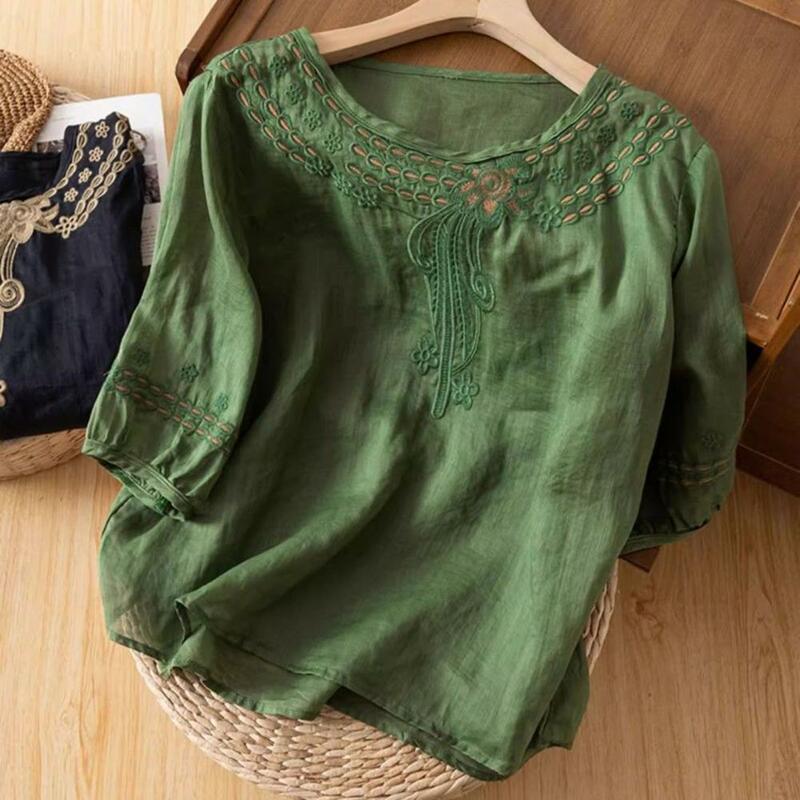 Haftowana koszulka z okrągłym dekoltem Eleganckie haftowane bawełniane lniane koszule dla kobiet Vintage Wydrążone bluzki do pracy Wakacje Lato