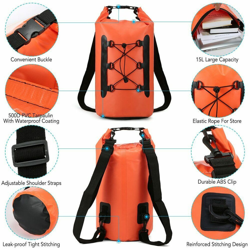 15l PVC防水バッグ,電話ケース付きシーリングデバイス,水泳用バックパック,乾式および湿式,釣り用