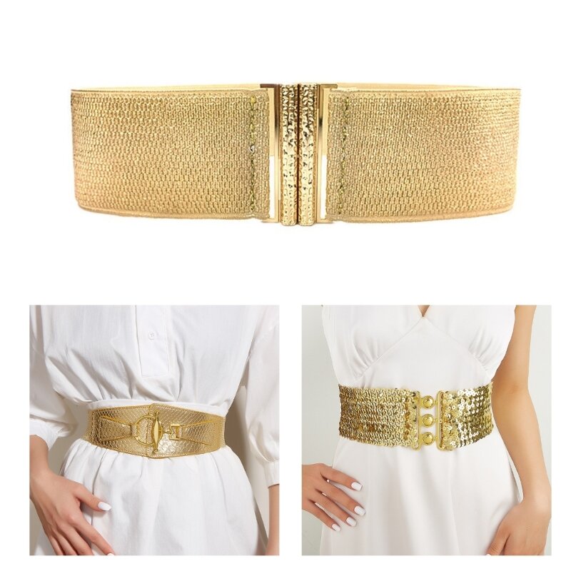 Feminino cinto cintura larga elástica ouro waspie cinto universal waspie vestido acessórios decorativos glitter cintura