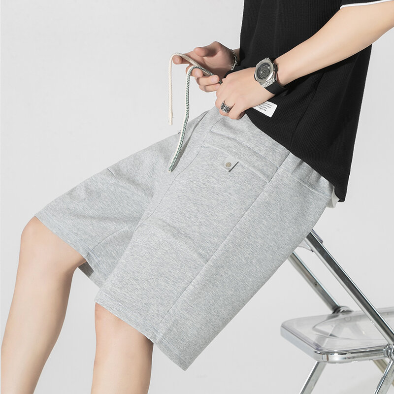 남성용 루즈한 탄성 허리 스플라이스 포켓, 올매치 붕대 캐주얼 반바지, 단색 한국 반바지, 2024 여름 신상 패션