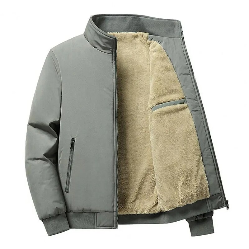 Men Jacket Autumn Winter Thick Warm Plush Lining Coat Stand Collar Zipper Pocket Casual Regular Fit Male Casual Coat