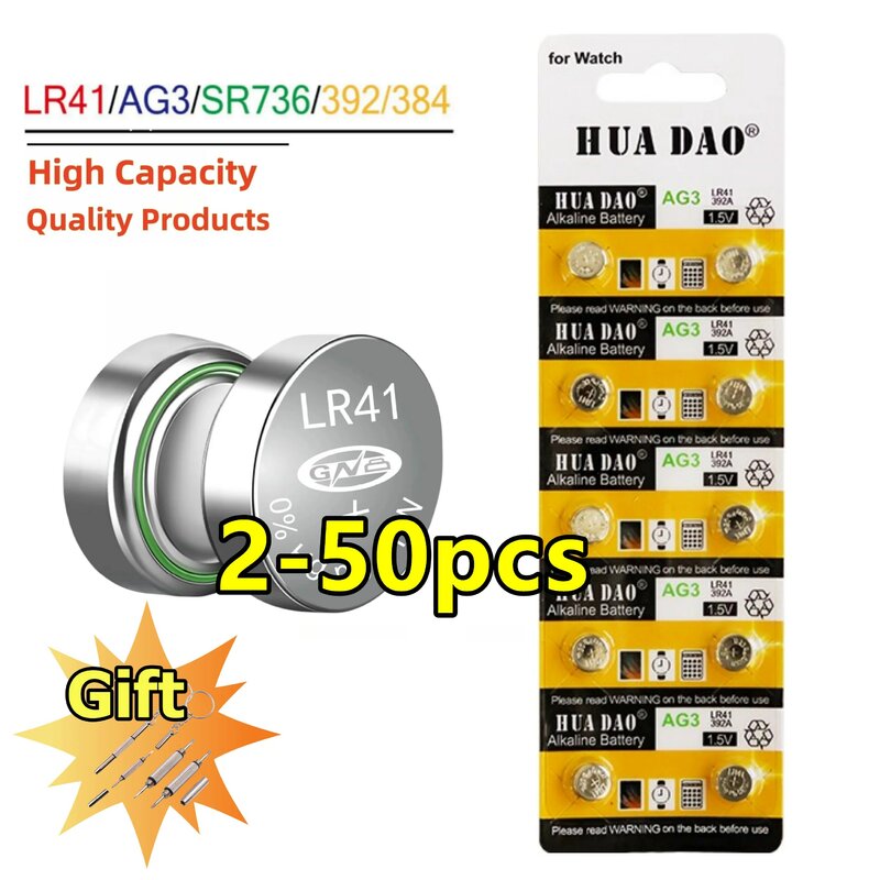 2-50PC lr41 Battery Sr920sw battery AG3 G3 L736 192 392A Zn/MnO2 1.5V SR41 1.5v Watch Batteries Thermometer Batteria 0%Hg