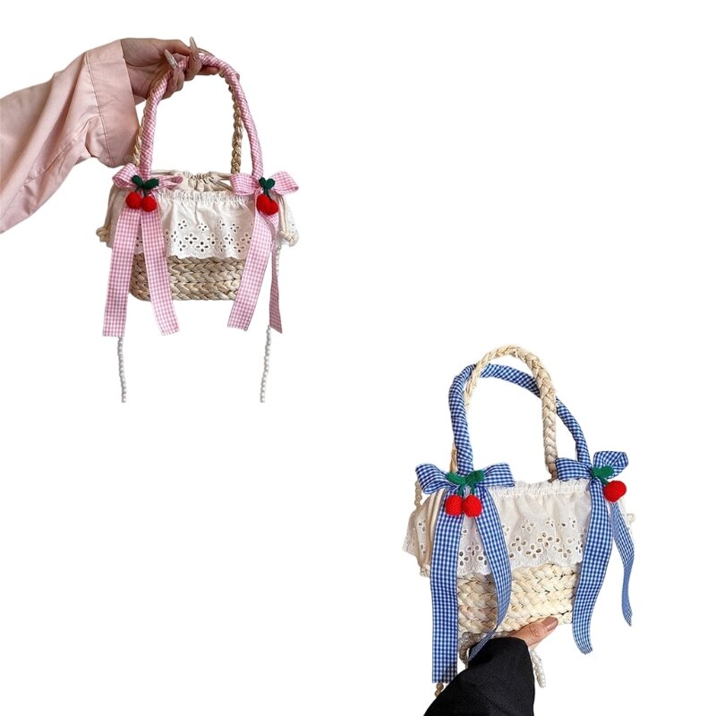 Small Bucket Bag Sweet Bowknot Lace Woven Straw Handbag with Pearl Beaded Chain