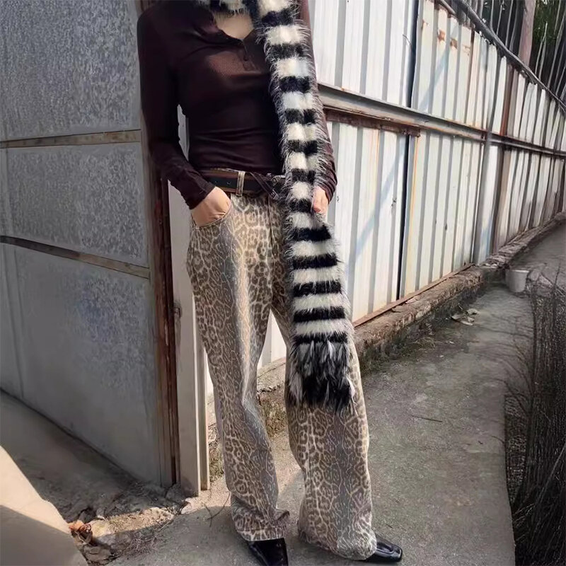 American Style Leopard Wash Jeans Women Retro Street Hip Hop Loose Casual Pants High Waist Straight Leg Jeans
