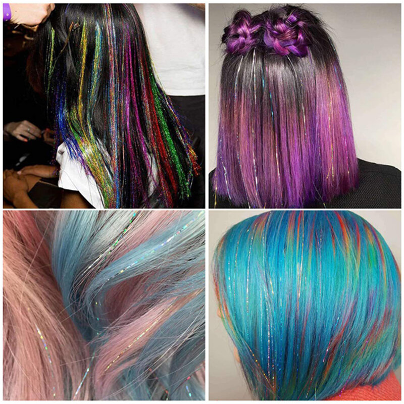 Sparkle Shiny Hair Tinsel Rainbow Dazzles Women Bling for Braiding Headdress Hairpieces Silk Hair Extensions 120 Strands/bag