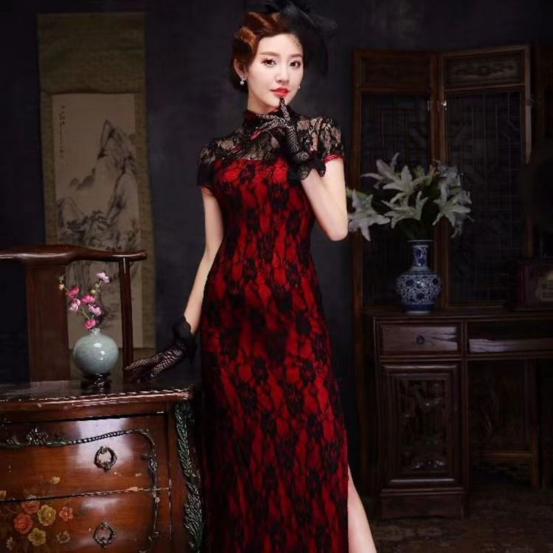 우아한 레이스 치파오 중국 스타일 민소매 드레스 여성용, 섹시한 레이스 클럽 바디콘 파티 유니폼