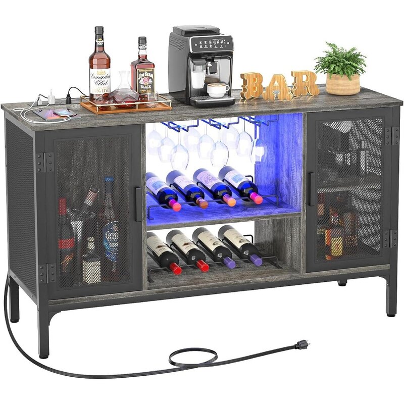 Homieasy Weinbar schrank mit LED-Leuchten und Steckdosen, industrieller Kaffee bar schrank für Schnaps und Gläser, Bauernhaus bar