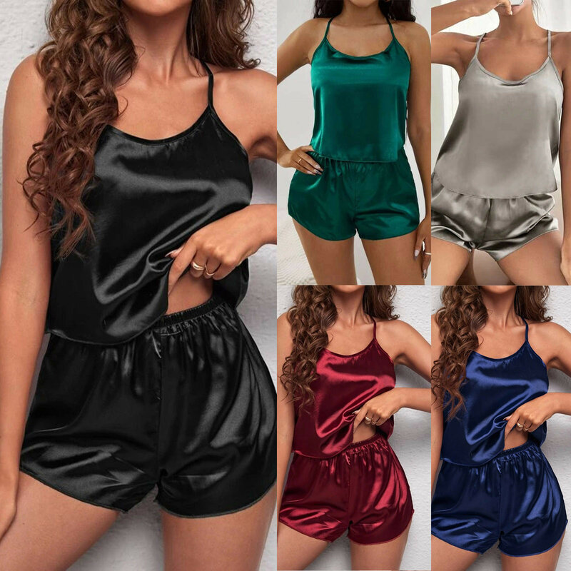 Conjunto de Pijama de satén de encaje para mujer, ropa de dormir Sexy, Tops sin mangas y pantalones cortos, conjuntos de 2 piezas