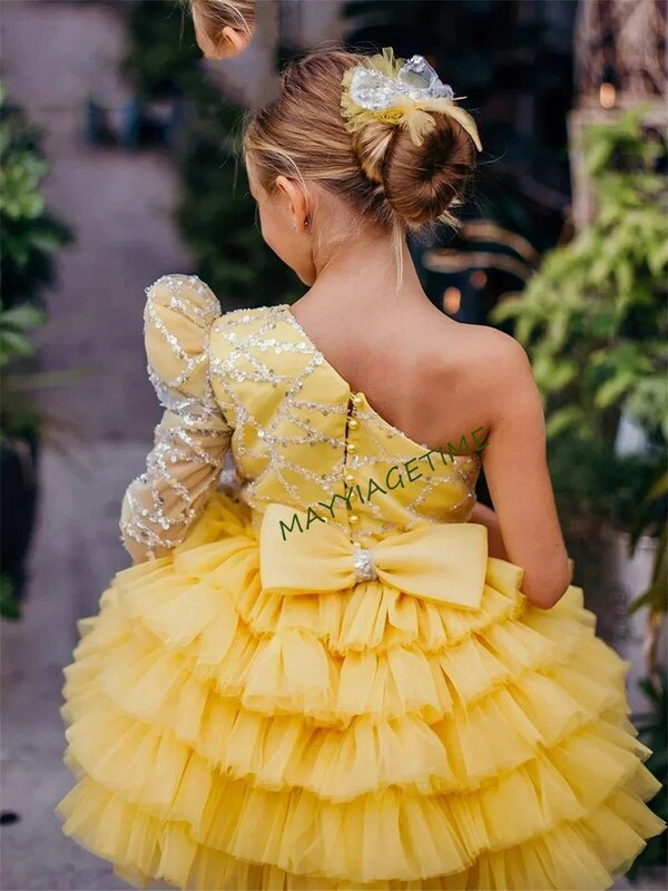 Robe bouffante jaune à fleurs pour petite fille, tenue de princesse mignonne, pour fête de mariage, pour enfant