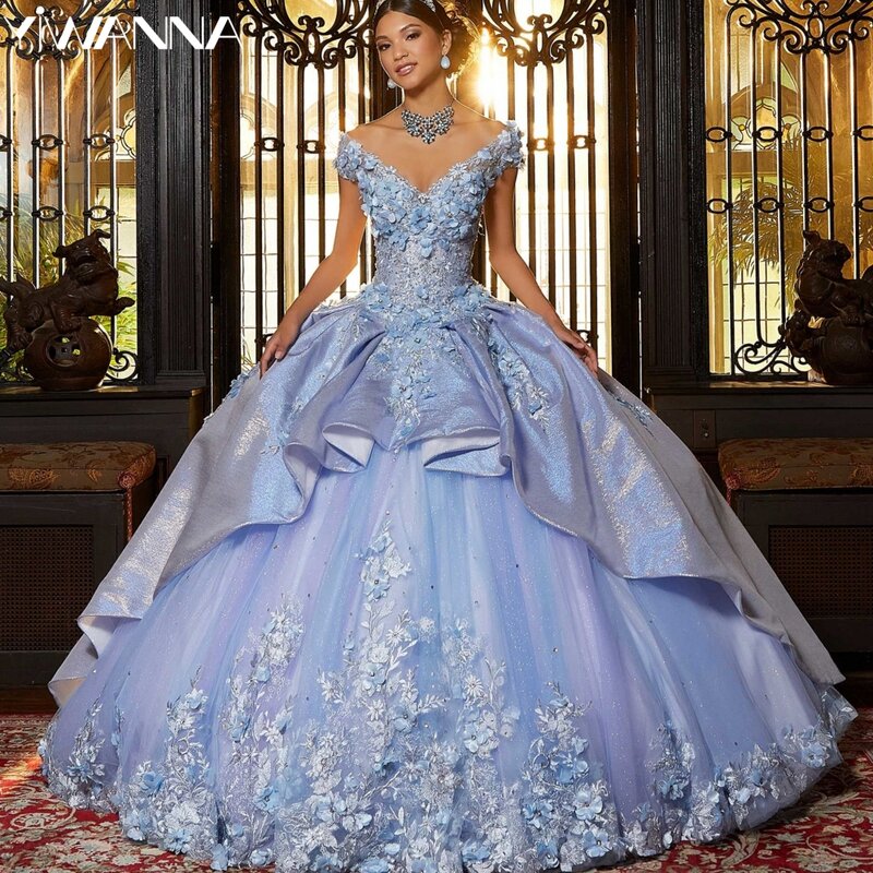 Piękna sukienka Quinceanera z kwiatami 3D błyszcząca cekinowa suknia balowa klasyczna długa słodka 16-letnia sukienka księżniczki vestidos de anos