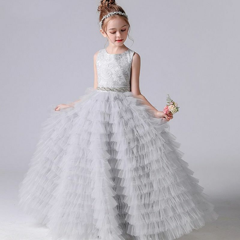 Dress Formal putri perempuan, gaun panjang anak perempuan bunga Tiered 2024 untuk pesta pernikahan Tulle Junior pengiring pengantin