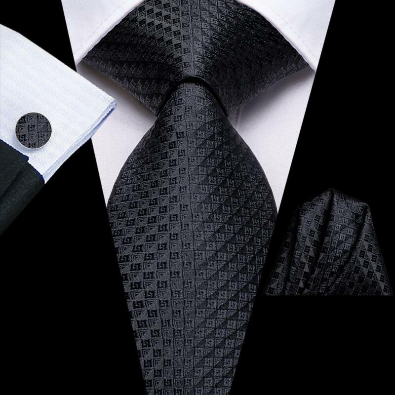 Klasyczna czarna krata w kratę, solidna, nowa marka modowa, krawaty ślubne dla mężczyzn, zestaw chusteczek, spinki do mankietów, prezent, sprzedaż hurtowa 2022