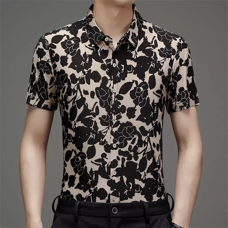 Camisa solta de seda gelo curta masculina, confortável, elegante, casual, versátil, novo produto de verão