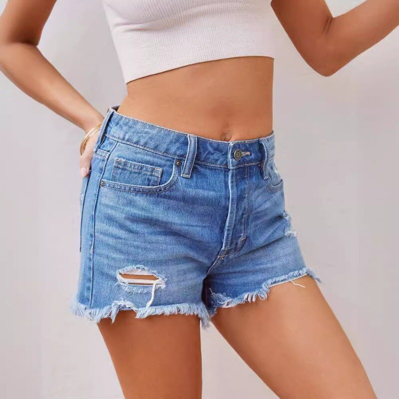 Girls High Street Trousers New Fashion Design Distressed Tassel Women's Denim Shorts European American Summer Mini Jean Pants