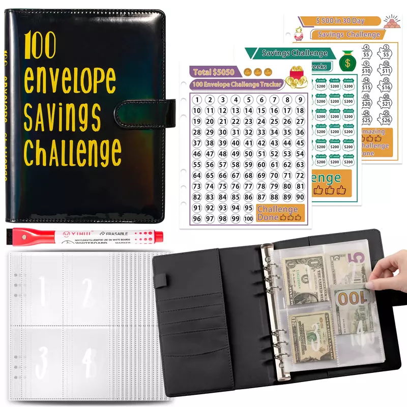 2024 New100 Envelope Savings Challenge Laser A5 Loose-Leaf Binder Budget Binder With Cash Envelopes Money Organizer System